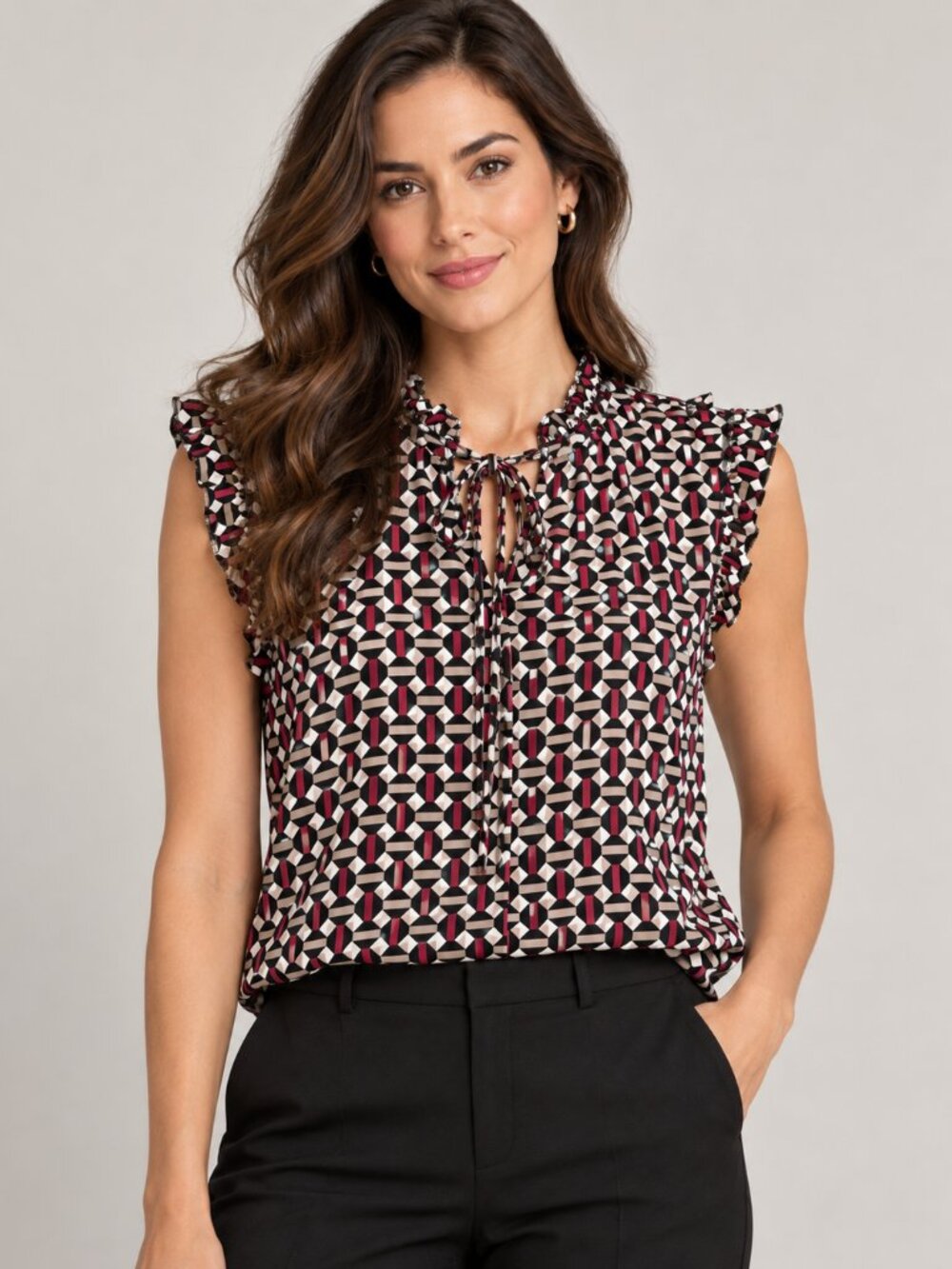 Tommy Hilfiger Women's Geometric Print Sleeveless Ruffle Tie-Neck Blouse